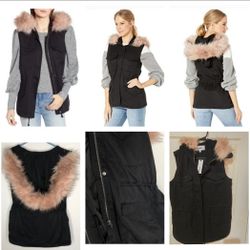 New!NWOT BB Dakota Black Get Your Swagger On Vest Faux Fur Trim Hood Size Medium ( reseda ca)