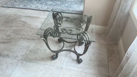 Pair of Wrought Iron Scroll End Tables – Glass Tops + Free Gift