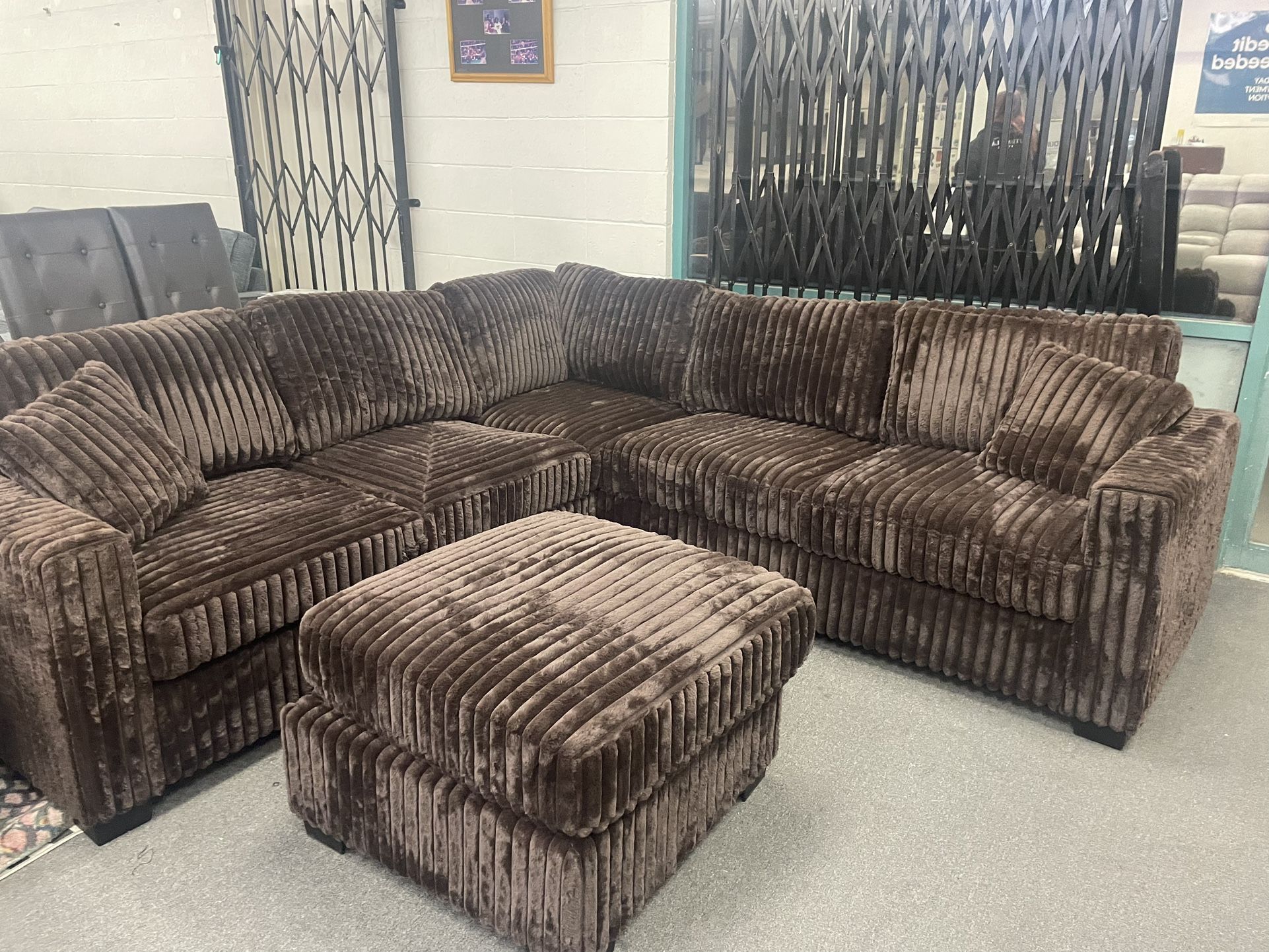 New 99x99 Brown Corduroy Sectional Couch With Ottoman / Free Delivery 