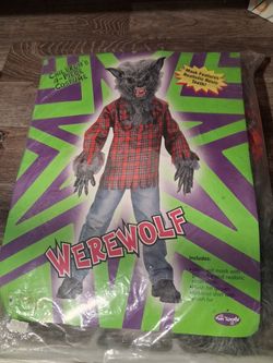 Werewolf Costume Children Lg size 6 Halloween Wolfman Mask Tattered Shirt hands