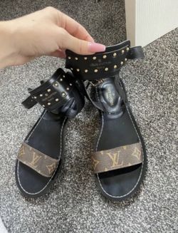 Authentic Louis Vuitton Nomad Flat Gladiator Studded  Monogram Sandals Size 38 1/2