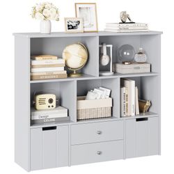 Kids Toy Storage Organizer, 5 Cubby Children Bookcase and Bookshelf with 4 Drawer on Wheels for Playroom, Gray