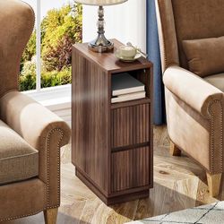 Narrow Dark Wood Side Table w/ Drawers Shelf