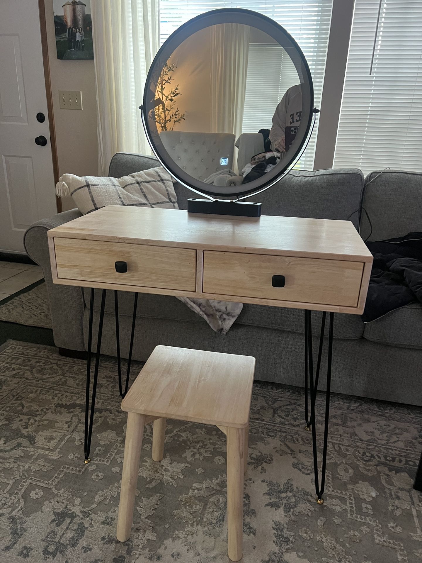 Vanity with lighted mirror