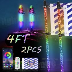 Pair 4ft RGB Spiral LED Whip Lights Antenna Dancing + US Flag & Remote for ATV UTV B