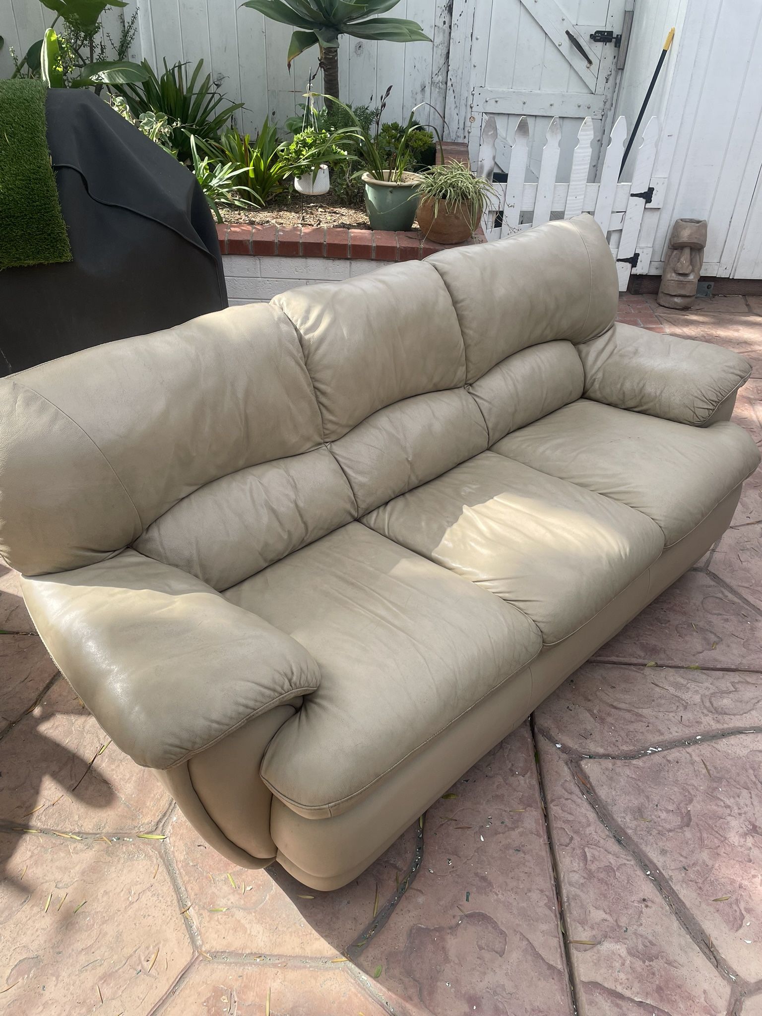 Beige Leather Sofa w/ Ottoman