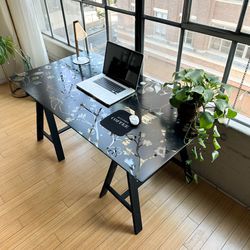 Black Trestle Leg Desk With Glass Flower Top