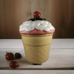 Cherry Top Ice Cream Cone Ceramic Cookie Jar Cherry On Top Rare Cupcake 