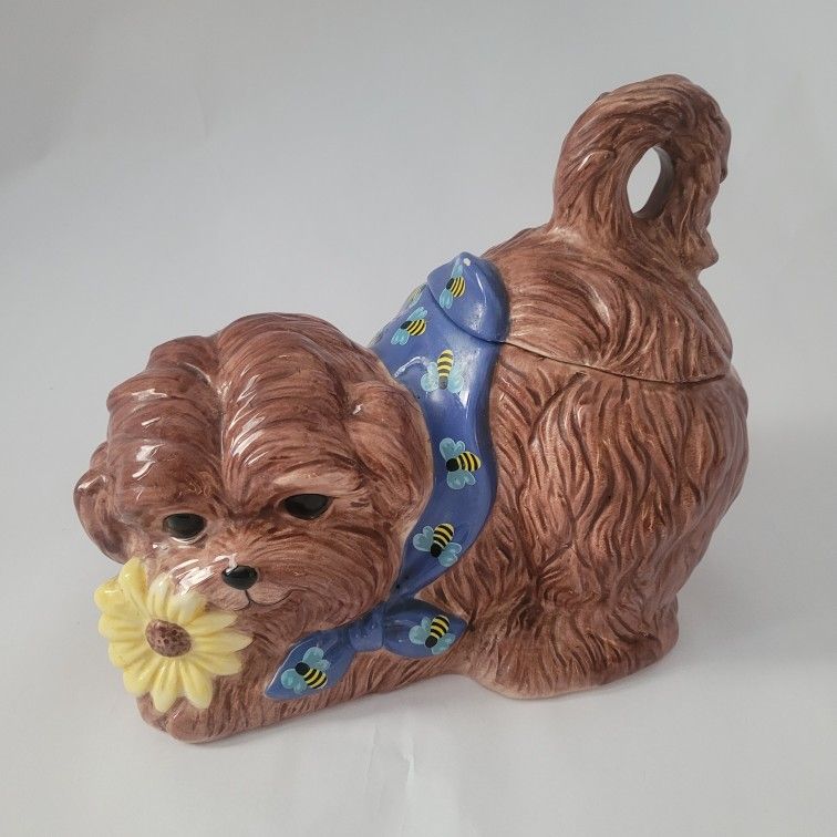 Eliza Jane Golly Gee Ceramic  Dog Treat Cookie Jar  Blue Bumble Bee Terrier