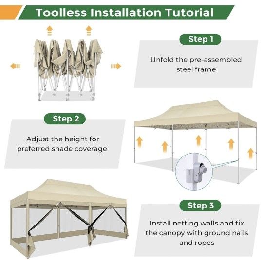 10x20 Heavy Duty Pop Up Canopy Tent with 6 Sidewalls, Commercial Gazebo Party Tent with Mosquito Netting Wall Easy Set Up Outdoor Instant Screen Tent