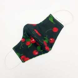 Little Girls Red Cherries Reversible Vintage Green Floral Face Mask 5 6 5/6 Handmade USA