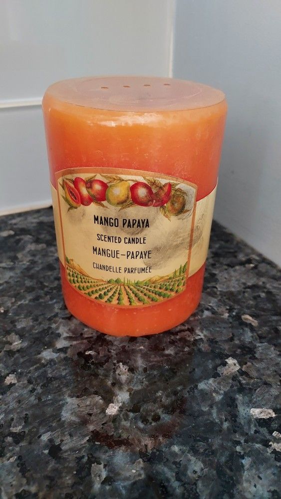 Pier 1 Imports Mango Papaya Scent Pillar Candle Home Fragrance Sealed Unused 3x4