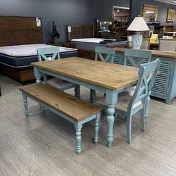 Solid Wood Six Piece Rectangular Dining Table - French Blue