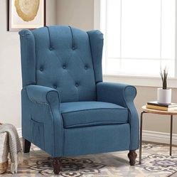 Recliner Accent Push Back Massage Chair with Heating Adjustable Tufted Fabric Arm Sofa Modern Wingback Club Home Theater Seating (Blue)