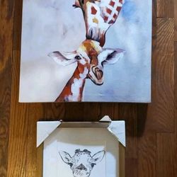 Set Of 2 Giraffe Pictures, 16x20 Canvas & 10.5x12 Framed Home Decor