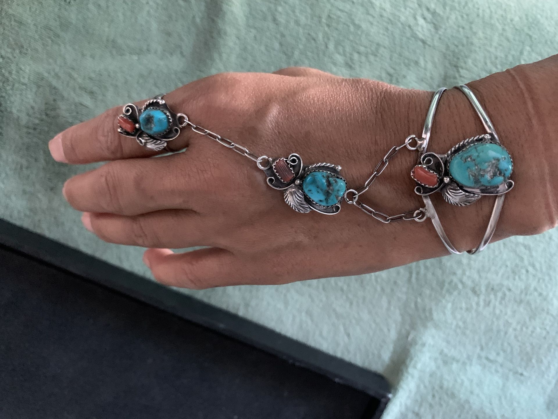 Sterling Turquoise/Coral Slave Bracelet