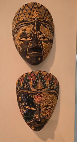 Balinese Hand-Painted Wooden Masks Set of 2