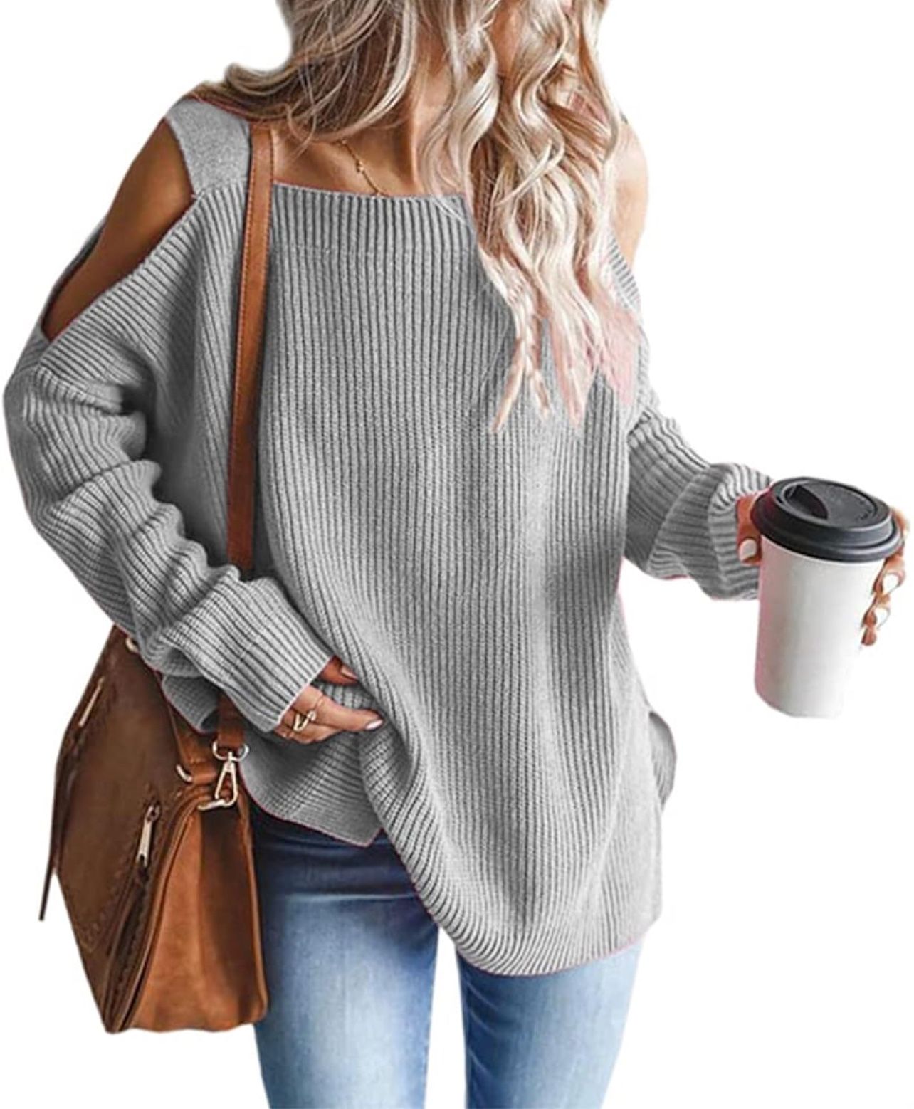 MaQiYa Women's Cold Shoulder Oversized Sweaters Batwing Long Sleeve Square Neck Chunky Knit Fall Tunic Sweater Tops Sz LG
