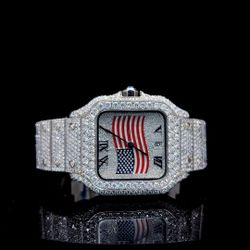 Liberty Ice Moissanite Santos Watch – Iced Out American Flag Dial Luxury watch ⌚