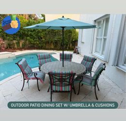 Outdoor Patio Dining Set w/ Umbrella & Cushions