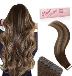 Tape in Hair Extensions,Balayage Chocolate Brown to Light Brown, 20pcs 50g, Double Stitched, 22 inch