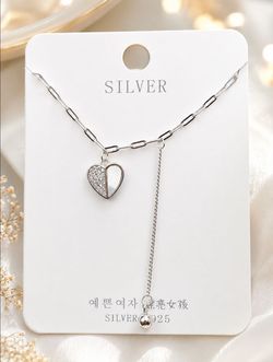 NEW S925 18K White Gold Plated Sterling Silver Heart Mother of Pearl CZ Necklace