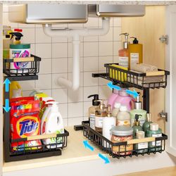 REALINN Under Sink Organizer, 2 Pack Height Adjustable Under Sink Organizers and Storage, 2 Tier Pull Out Drawer Cabinet Organizer for Kitchen Bathroo