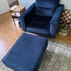 Blue Velvet Arm Chair W/ Matching Ottoman 