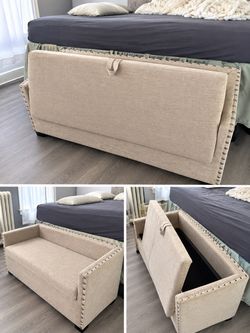 Beige Upholstered Storage Bench with Nailhead Trim