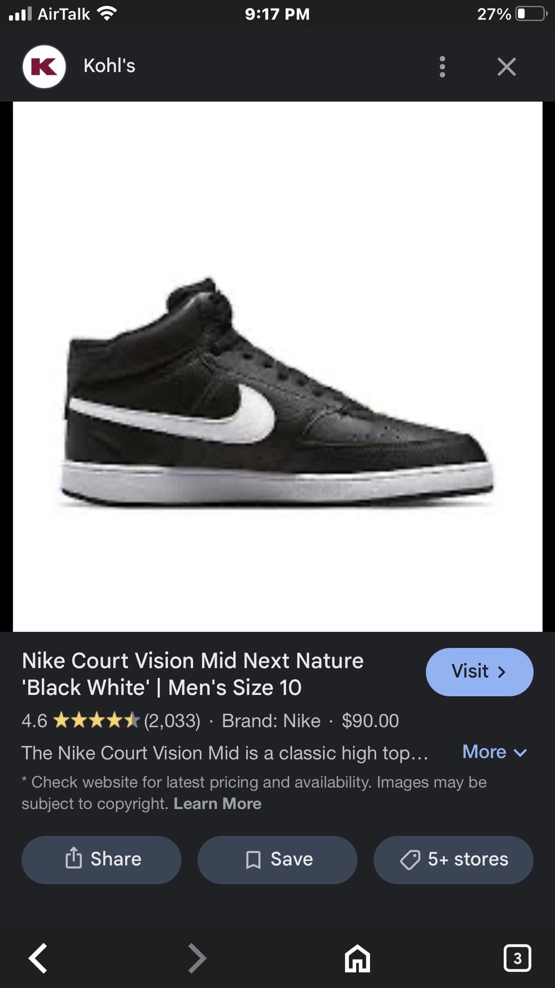 Size 9 Nike Court Vision Shoes 50$