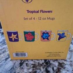 New, Set Of 4 Mugs And Plates - Tropical Flowers BIA Cordon Ble