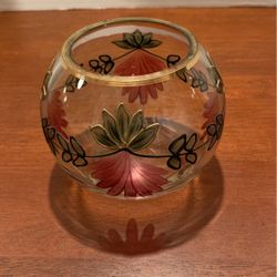 Crystal, clear Hand painted  Vase Votive Candle Holder Reds Greens 4” X 5 1/2” Great Christmas Decor L19