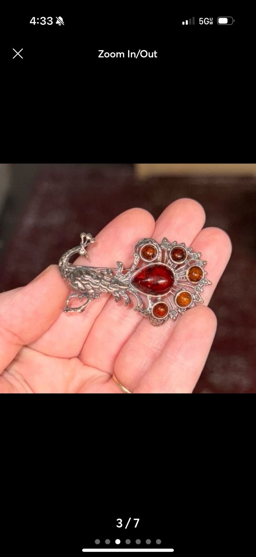 Vintage Sterling Silver Amber Peacock Brooch Pin