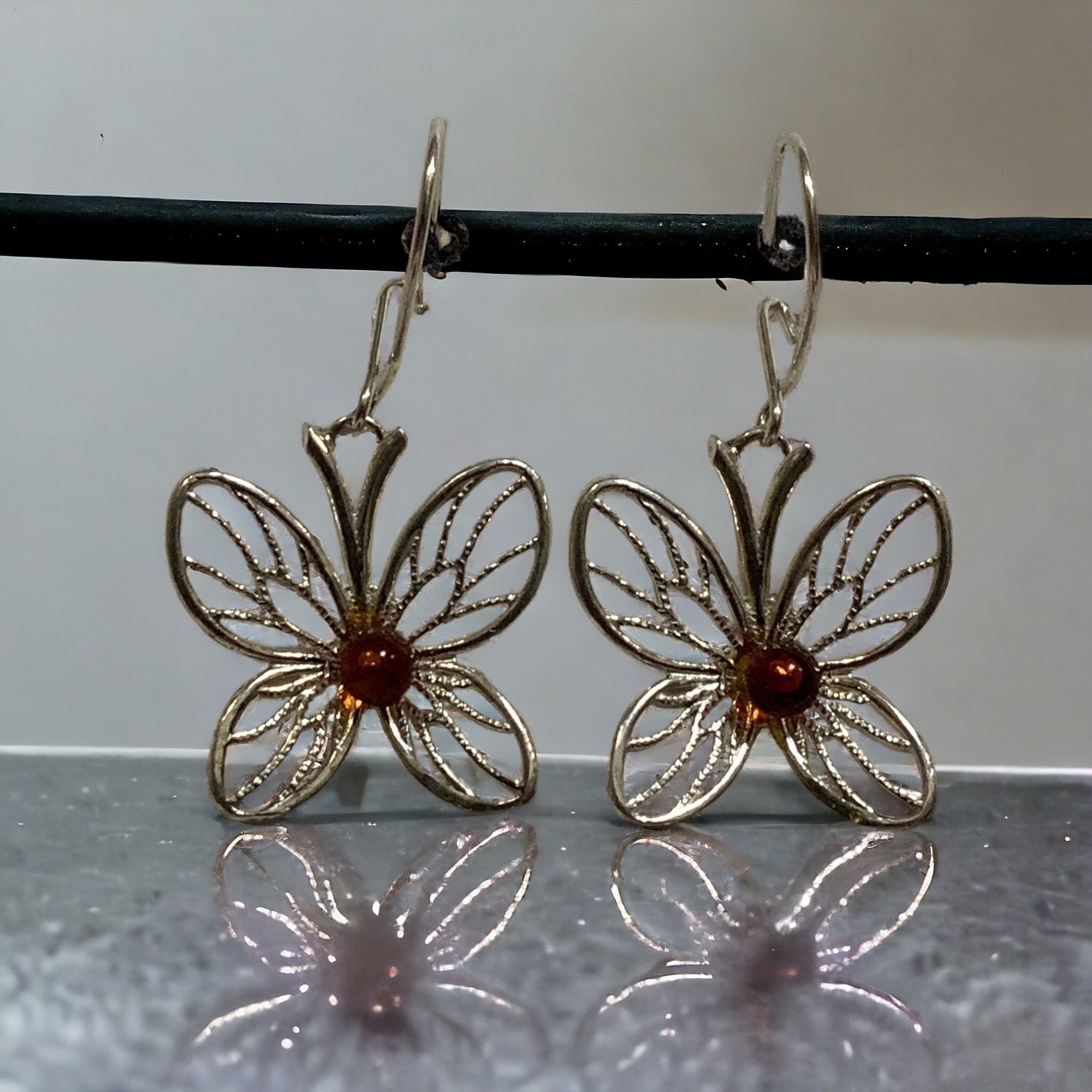 Sterling Silver 925 Butterfly Drop Dangle Earrings with Cognac Amber Stones