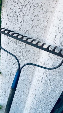 Vintage Metal Garden Rake with Blue Handle