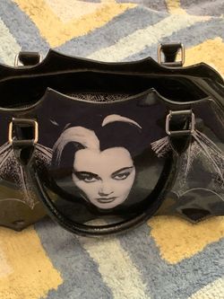 LILY MUNSTER Gothic Bat-Shaped Patent Handbag with Portrait Print