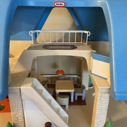 Vtg Fisher Price Dollhouse Blue Roof W Furniture Shown. Shows Some Wear. As Is