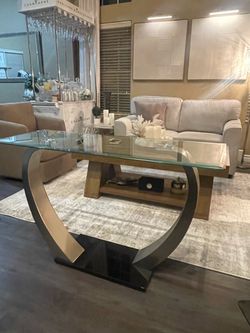 NEW Glass Entryway / Sofa Table w/ silver and black base