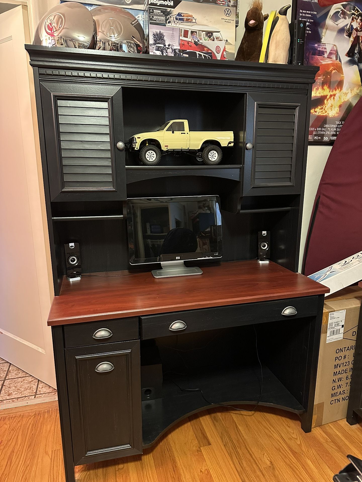Antique black & cherry computer desk with hutch and 2 drawer lateral file cabinet