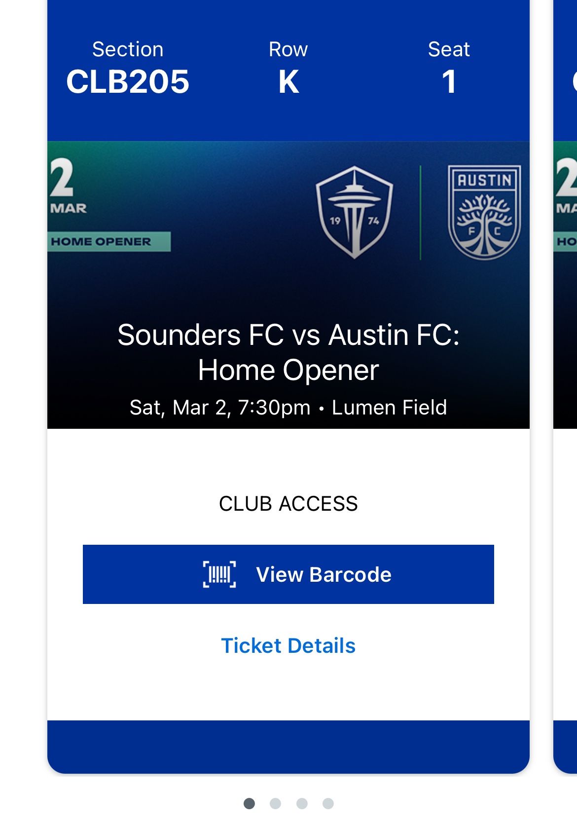 4 Sounders FC club Level Seats - Home Opener 3/2