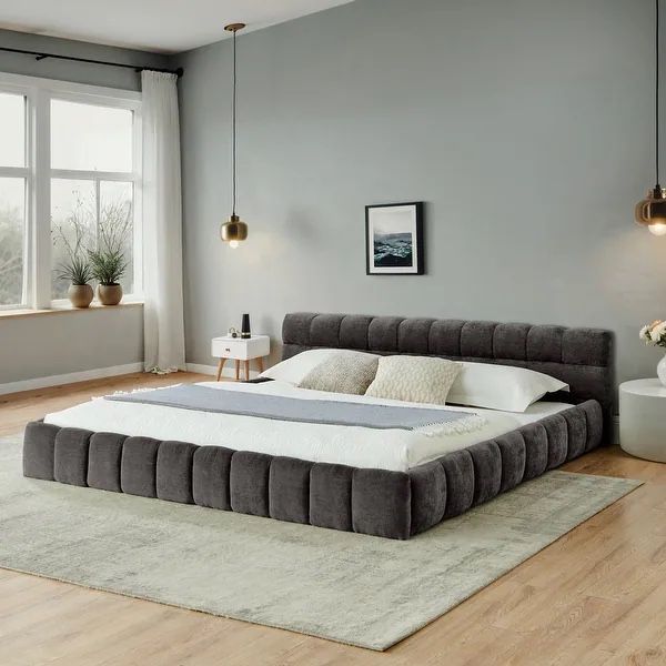 California King size Upholstered Bed Frame with Thick Fabric, Chenille Fabric Grounded Queen Size Platform Bed with Headboard - Dark Gray