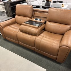 Leatherette Power Sofa With Drop Down Consolé 