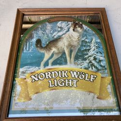 Vintage Nordik Wolf Wood Frame Bar Mirror 14.5 X 17.5