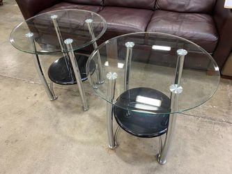 ASHLEY FURNITURE 2 Tier Black and Chrome End Table with Glass Top (Set of 2)