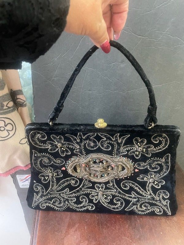 Antique Black Velvet Tapestry Purse