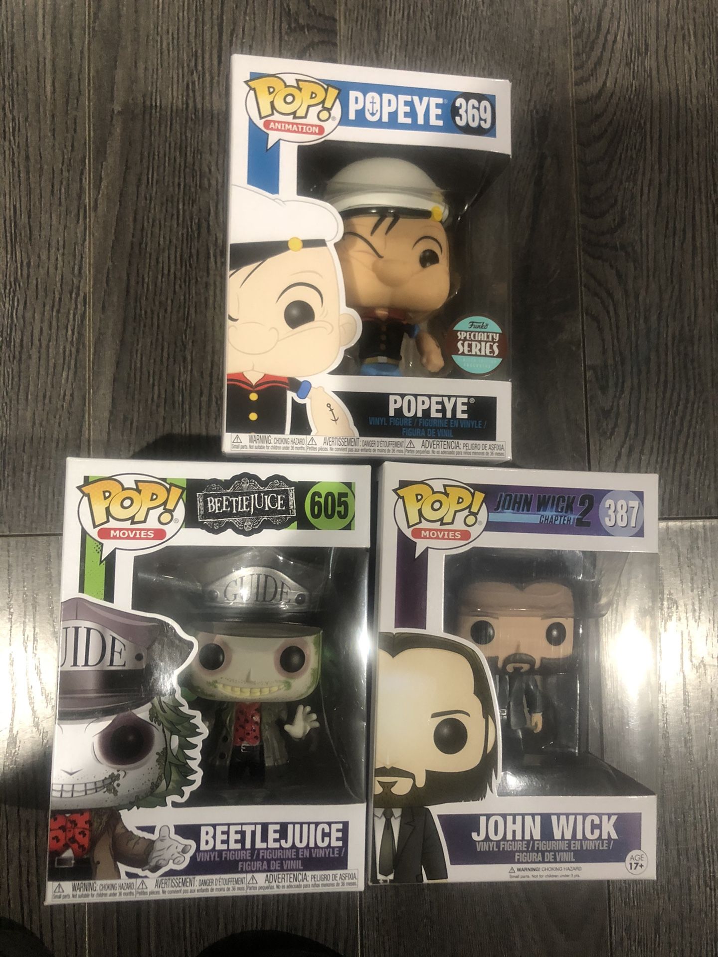 Funko Pops John Wick, Beetlejuice & Popeye