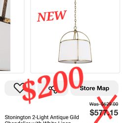Stonington 2-Light Antique Gild Chandelier with White Linen Shade