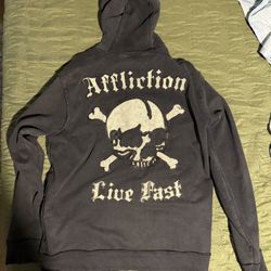 AFFLICTION Black Full Zip Hoodie Leather patch Skull & Crossbones XL Live Fast