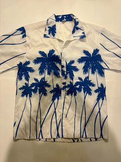 Men’s Hawaiian Shirt Shuangqi 3XL White Blue Palm Tree Button Down