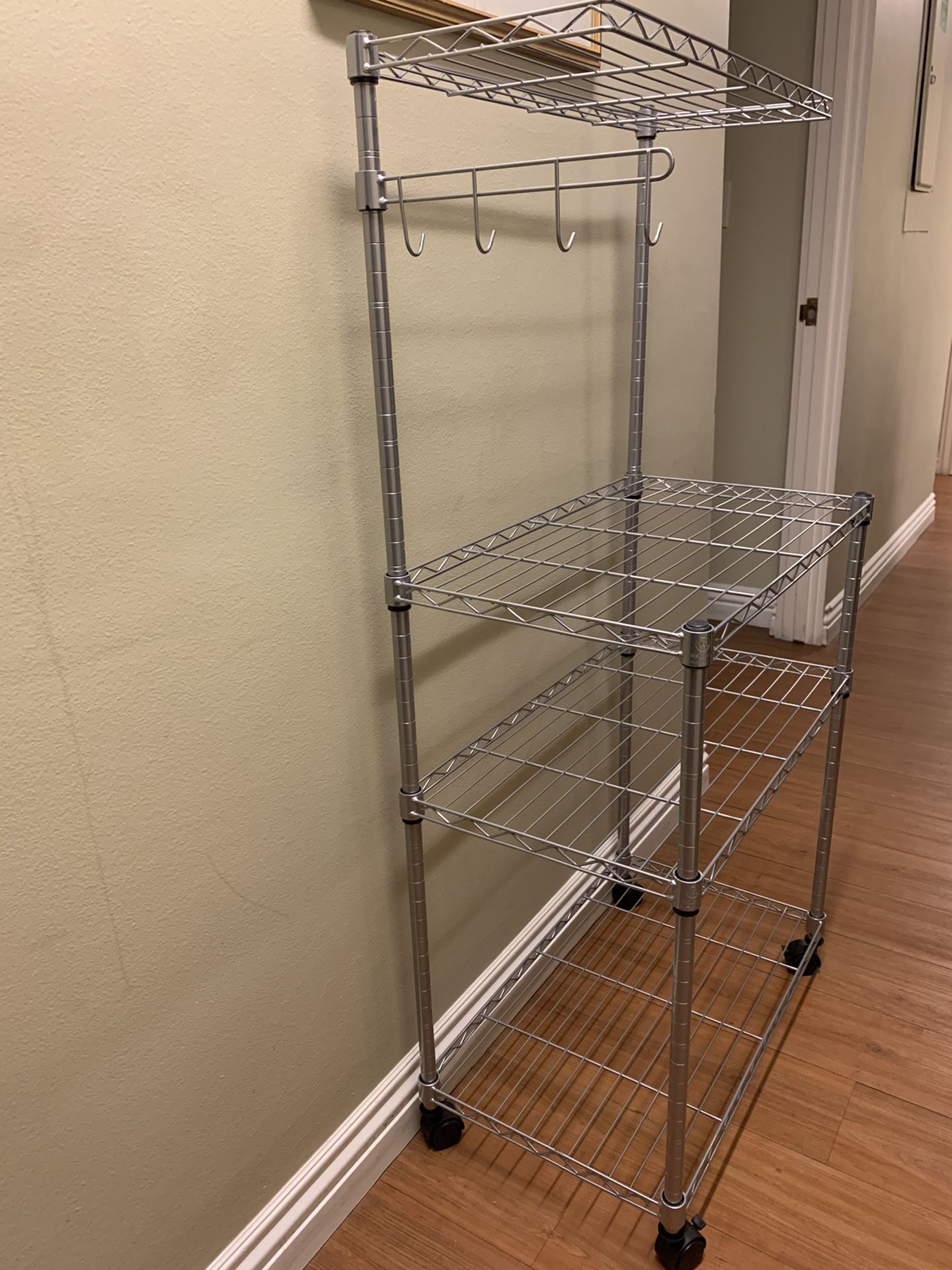 4 Tier Microwave Stand Storage Rack, Kitchen Wire Shelving Microwave Oven Baker’s Rack with Hooks Silver Grey